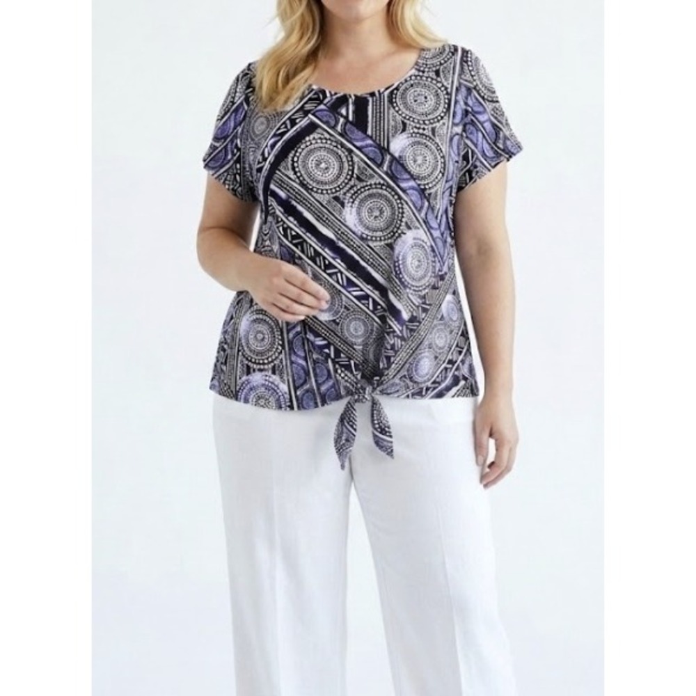 Chico's Blouse size XL/3 Geometric Medallion Print Stretch Knit Tie Front Top